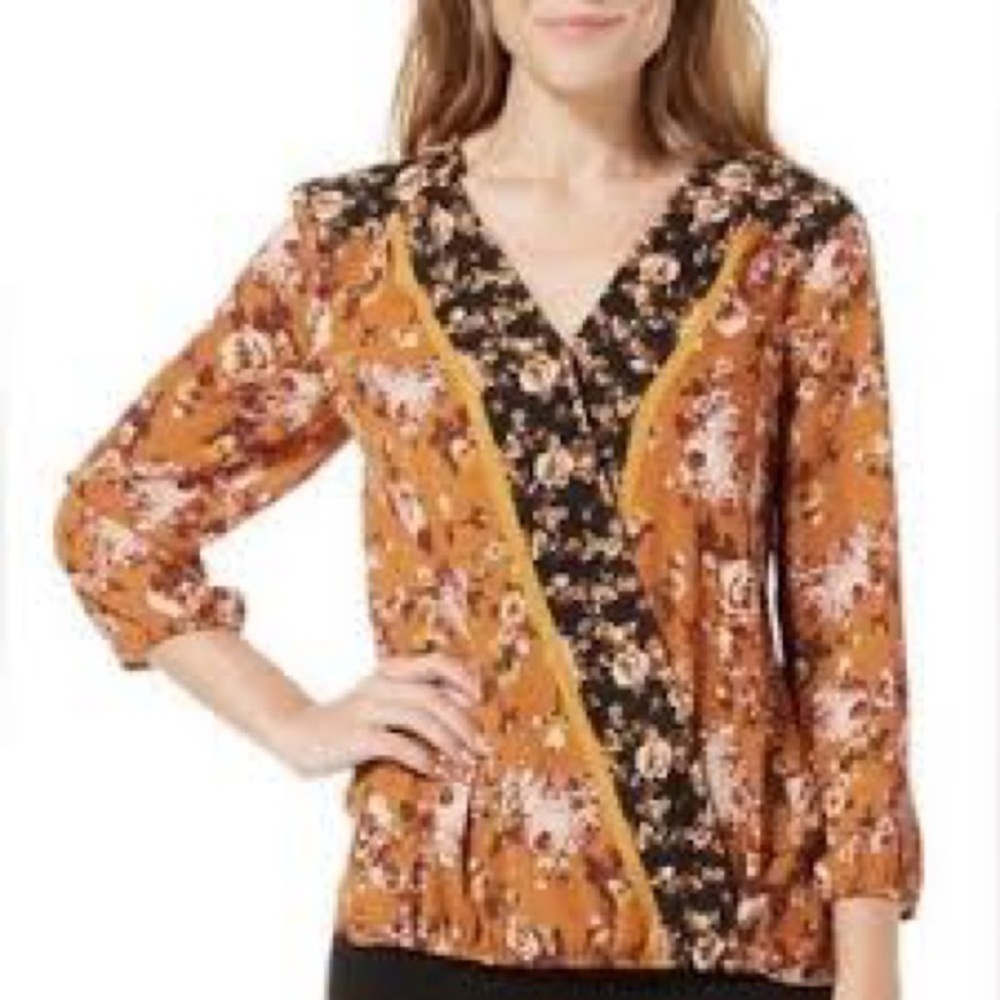 Zac & Rachel Asymmetrical Wrap Blouse Yellow Brown 3/4 Sleeve NWT